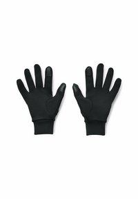 Guantes negros hechos de un material suave y flexible con un ajuste ceñido, que presentan acentos lisos en las puntas y un diseño texturizado en las palmas.