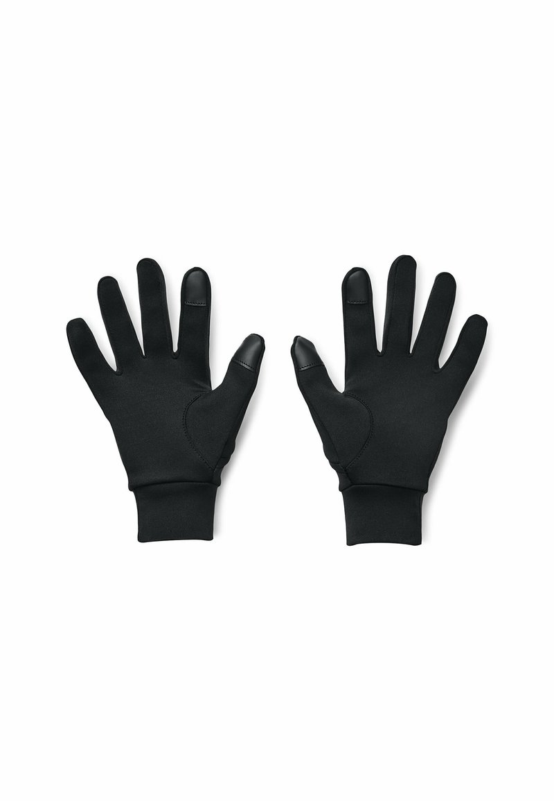 Guantes negros hechos de un material suave y flexible con un ajuste ceñido, que presentan acentos lisos en las puntas y un diseño texturizado en las palmas.