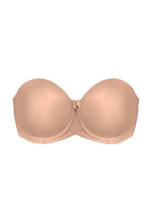 Beige strapless bra with smooth, molded cups, soft fabric, and a small bow detail at the center.  Classic design with no hardware visible.