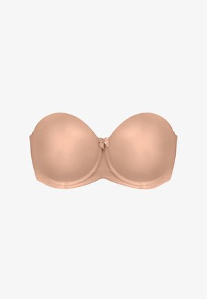 Beige strapless bra with smooth, molded cups, soft fabric, and a small bow detail at the center. Classic design with no hardware visible.
