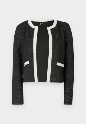 Black cropped jacket with a white trim and pockets, featuring a textured fabric with metallic threads and two gold-tone accents on pockets.