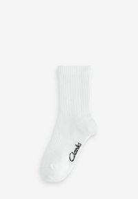 Weiße Baumwollsocke mit geripptem Design und einem schwarzen "Clarks"-Logo an der Seite. Standard Crew-Höhe.