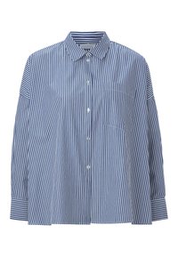 Striped shirt with blue and white vertical stripes, button front, collar, pocket on the left, and wide sleeves with cuffs.