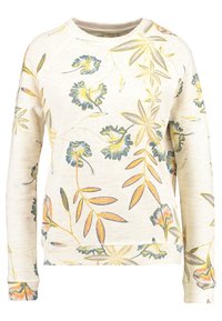Sweatshirt à motifs floraux en beige clair, avec des designs botaniques bleus et jaunes, à manches longues, col rond et tissu doux et texturé.