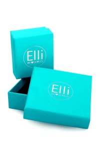 Boîte à bijoux turquoise avec une finition brillante, ornée d'un logo circulaire blanc portant les mots "Elli" et "NOUS ♥ BIJOUX", légèrement ouverte pour révéler l'intérieur.