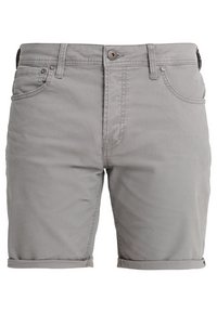 Harmaat puuvillahousut, joissa on kierretut lahkeet, klassinen viisi taskua -muotoilu ja edessä nappisulku. Sileä pinta ja kestävä kangas.