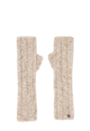 Pair of beige knitted fingerless gloves with thumb openings and a small round metal logo on one glove cuff.