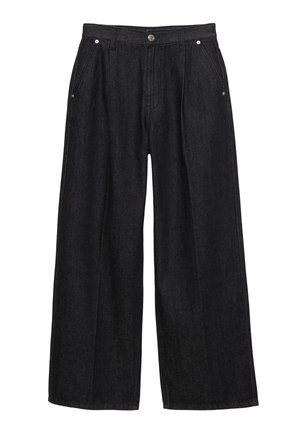 Pantalon en denim noir à jambes larges avec une taille haute, doté d'un bouton à l'avant, de deux poches latérales et de détails de couture subtils.