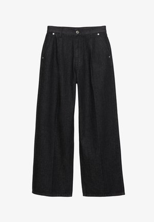 Schwarze Jeanshose mit weitem Bein und hoher Taille, ausgestattet mit einem vorderen Knopf, zwei seitlichen Taschen und dezenten Nahtdetails.