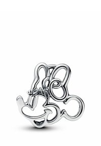 Spillo in metallo argentato a forma di personaggio dei cartoni animati, caratterizzato da linee curve e anelli, con una finitura lucida e dettagli minimi.