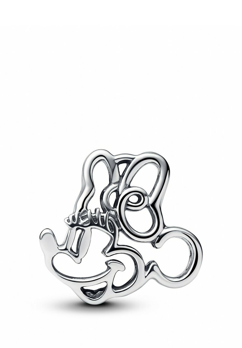 Spillo in metallo argentato a forma di personaggio dei cartoni animati, caratterizzato da linee curve e anelli, con una finitura lucida e dettagli minimi.