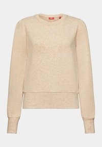 Sudadera de manga larga color beige claro con cuello redondo, diseño ligeramente cropped, puños acanalados y un patrón de tejido texturizado.