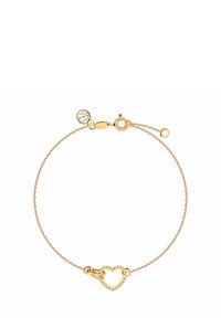 Złoty bransoletka łańcuszkowa z zawieszką w kształcie serca o koralikowej fakturze, z zapięciem typu homar i regulowaną długością dzięki dodatkowym ogniwom.