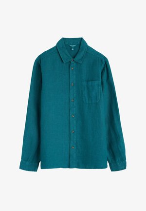 Teal langærmet skjorte lavet af hør, med knaplukning fortil, krave og en enkelt brystlomme. Glat tekstur med brune knapper.