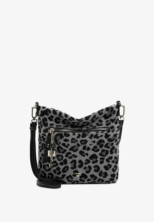 Sac bandoulière en imprimé léopard avec une base grise, des accents noirs, une poche zippée à l'avant et une bandoulière amovible pour plus de polyvalence.