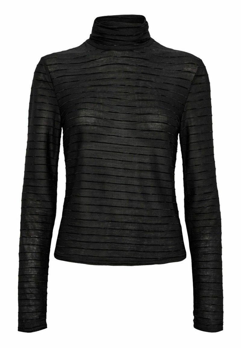 Schwarzes langärmliges Oberteil mit einem hohen, gefalteten Kragen. Verfügt über eine horizontal gestreifte Textur, hergestellt aus einem leichten, leicht durchsichtigen Material.