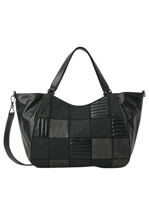Black leather handbag with patchwork front design, dual top handles, and detachable shoulder strap on a white background.