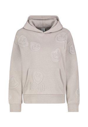 Light grey hoodie featuring embossed smiley face designs, a front pocket, and ribbed cuffs and hem. Soft material with casual fit.