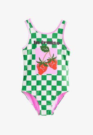 Grüner und weiß kariert Badeanzug mit pinken Akzenten, einem quadratischen pinken Design mit zwei roten Erdbeeren und dem Text „la fraise.“