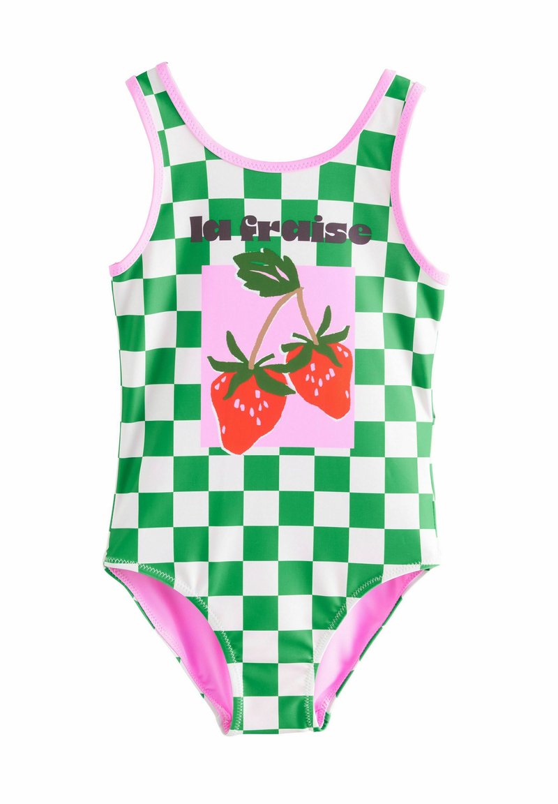 Costume da bagno a quadri verde e bianco con dettagli rosa, un design quadrato rosa con due fragole rosse e la scritta "la fraise".