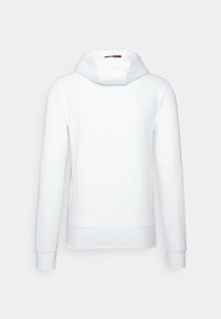 Sudadera blanca con capucha ajustable, mangas largas, puños acanalados y dobladillo acanalado. Textura suave con un diseño minimalista.