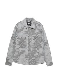 Grå button-up jakke med pixeliseret firkantet mønster, to front brystlommer, lange ærmer og krave med spredning.