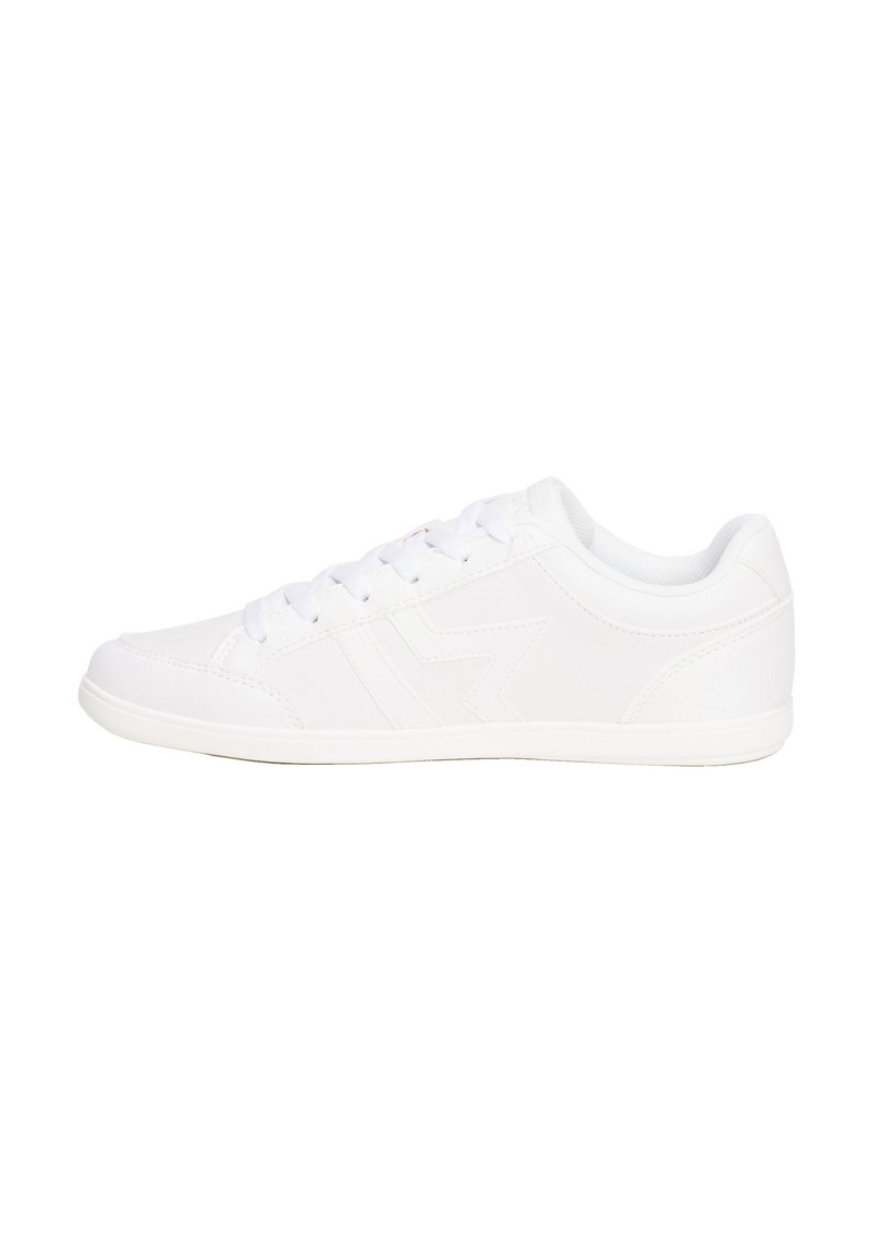Basket blanche avec fermeture à lacets, en matériau synthétique lisse, bout rond, semelle plate et un détail de logo subtil sur le côté.