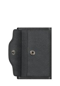 Zwart leren portefeuille met een gestructureerde afwerking, voorzien van een zilveren drukknopsluiting en een zijvak voor kaarten of contant geld.