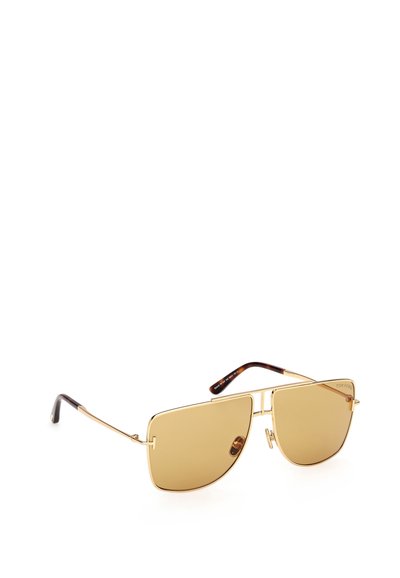 Guldmetallsolglasögon med överdimensionerade, kantiga gula linser och bruna sköldpaddsskalstopp. Minimal hårdvaruaccents, elegant design.