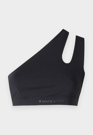 Sutien sport negru cu un design asimetric, realizat dintr-un material neted. Prezintă bretele late și o decupare, având logo-ul "7 DAYS ACTIVE" la tiv.