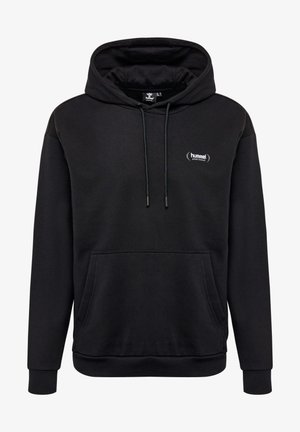 Schwarzer Kapuzenpulli aus einem Baumwollgemisch, mit einer vorderen Kängurutasche, Kapuze mit Kordelzug und kleinem Logo auf der Brust.