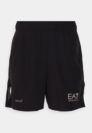 Svart treningsshorts med elastisk midjebånd. Har mesh-sider for ventilasjon og hvite logoakenter for merking.