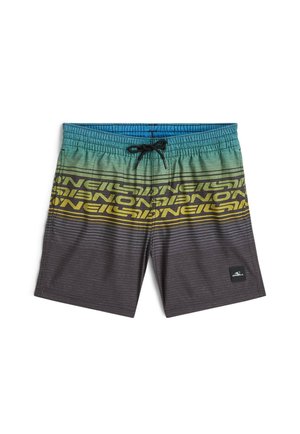 Vyriški maudymosi šortai su gradientinėmis mėlynai žaliomis ir geltonomis juostomis, pakartojamu „O’Neill“ logotipu, juodos spalvos raišteliais juosmens srityje ir tamsiai pilka apatine dalimi.