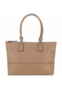 Brun læder tote bag med dobbelte håndtag, lynlås lukning og kontrastsyede detaljer. Har et logo og minimalistisk design. Glat tekstur.