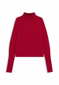 Pull à col roulé rouge en matière tricotée douce, doté de manches longues et de poignets côtelés pour un ajustement confortable.
