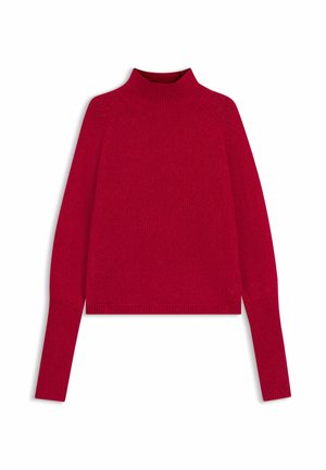 Roter Rollkragenpullover aus weichem Strickmaterial, mit langen Ärmeln und gerippten Bündchen für eine enganliegende Passform.