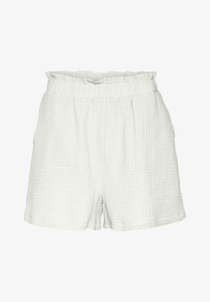 Witte, gestructureerde shorts met een elastische tailleband en zijzakken. Gemaakt van lichte stof met een gekreukt uiterlijk.