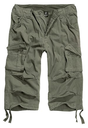 Oliivroheline kaubanduslikud lühikesed püksid, mis on valmistatud puuvillast, sisaldavad mitmeid taskuid, lukuga eesmine sulgemine ja õmblustest keskmine detail. Püksisääred ulatuvad just alla põlve.