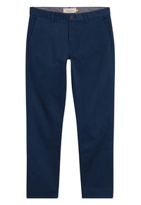 Marineblå chinos med lige snit, udstyret med en enkelt knaplukning, to forlommer og en glat bomuldsstof.