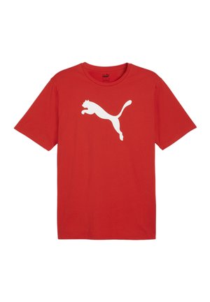Rotes Baumwoll-T-Shirt mit kurzen Ärmeln, das auf der Vorderseite ein großes weißes springendes Puma-Logo zeigt. Klassisches Rundhals-Design.