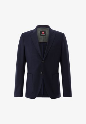 Marineblazer aus strukturiertem Stoff, einreihiges Design, zwei Vordertaschen und mit Reverskragen. Das Innenfutter hat eine dezente Logo-Beschichtung.