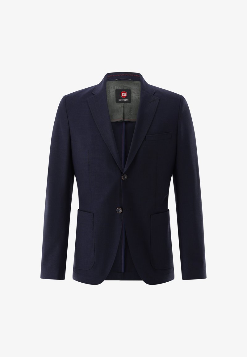 Navy blazer with a textured fabric, single-breasted design, two front pockets, and a notched lapel. Interior features a subtle logo lining.