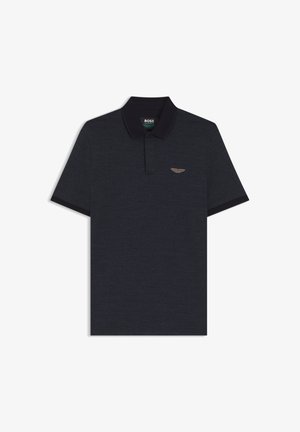 Black short-sleeve polo shirt with a collar, small brown winged emblem on the left chest, and "BOSS" label inside the collar.