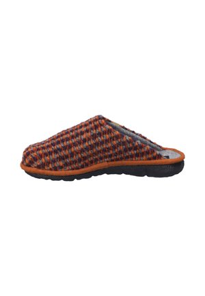 Wool knitted slipper with an orange, gray, and navy pattern, gray interior lining, and a black rubber sole. Open back design.