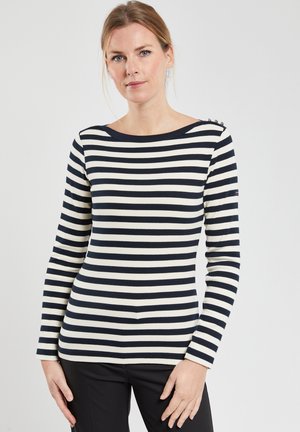 Langærmet bluse med marineblå og hvide vandrette striber, rund halsudskæring og knapdetaljer på skulderen.