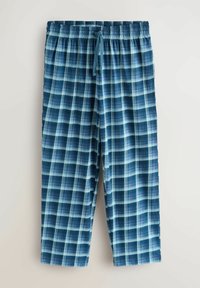 Pantalon de pyjama à carreaux bleu et vert avec taille élastique et cordon, étalé à plat sur un fond clair.