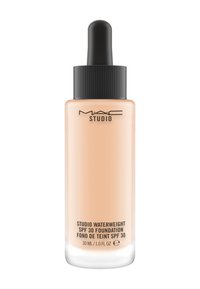 MAC Studio Waterweight SPF 30 Foundation i en klar glasdroppflaska, ljusbeige färg, svart dropparkork och minimalistisk design.