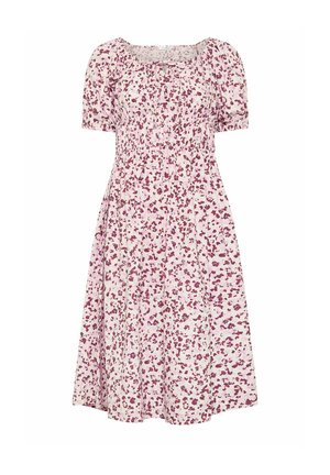 Robe midi rose clair avec manches courtes bouffantes, taille froncée et motif floral rose foncé dispersé.
