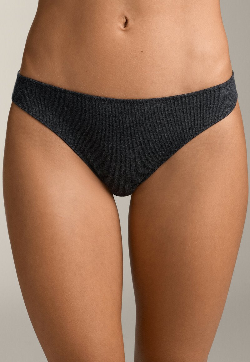 Culotte da bikini nera a coste con design a vita bassa. Texture liscia e copertura minima, con un'ampia fascia in vita.