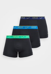 Sous-vêtements boxers pour hommes noirs avec des ceintures élastiques colorées en vert, bleu et marine, chacun comportant le logo Nike et un motif swoosh.